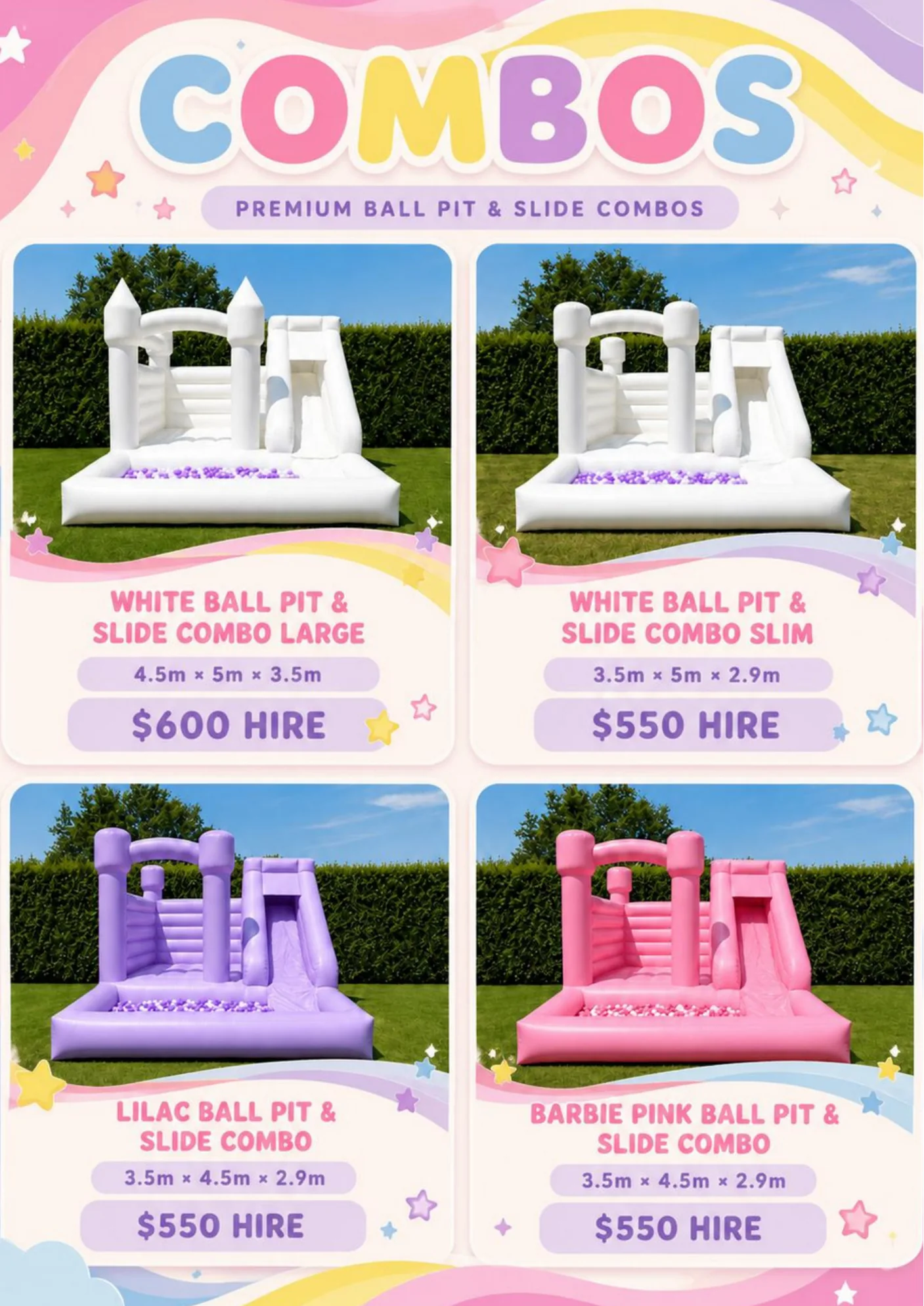 Ball pit & slide combo hire prices โ White Large $600, White Slim, Lilac & Barbie Pink from $550