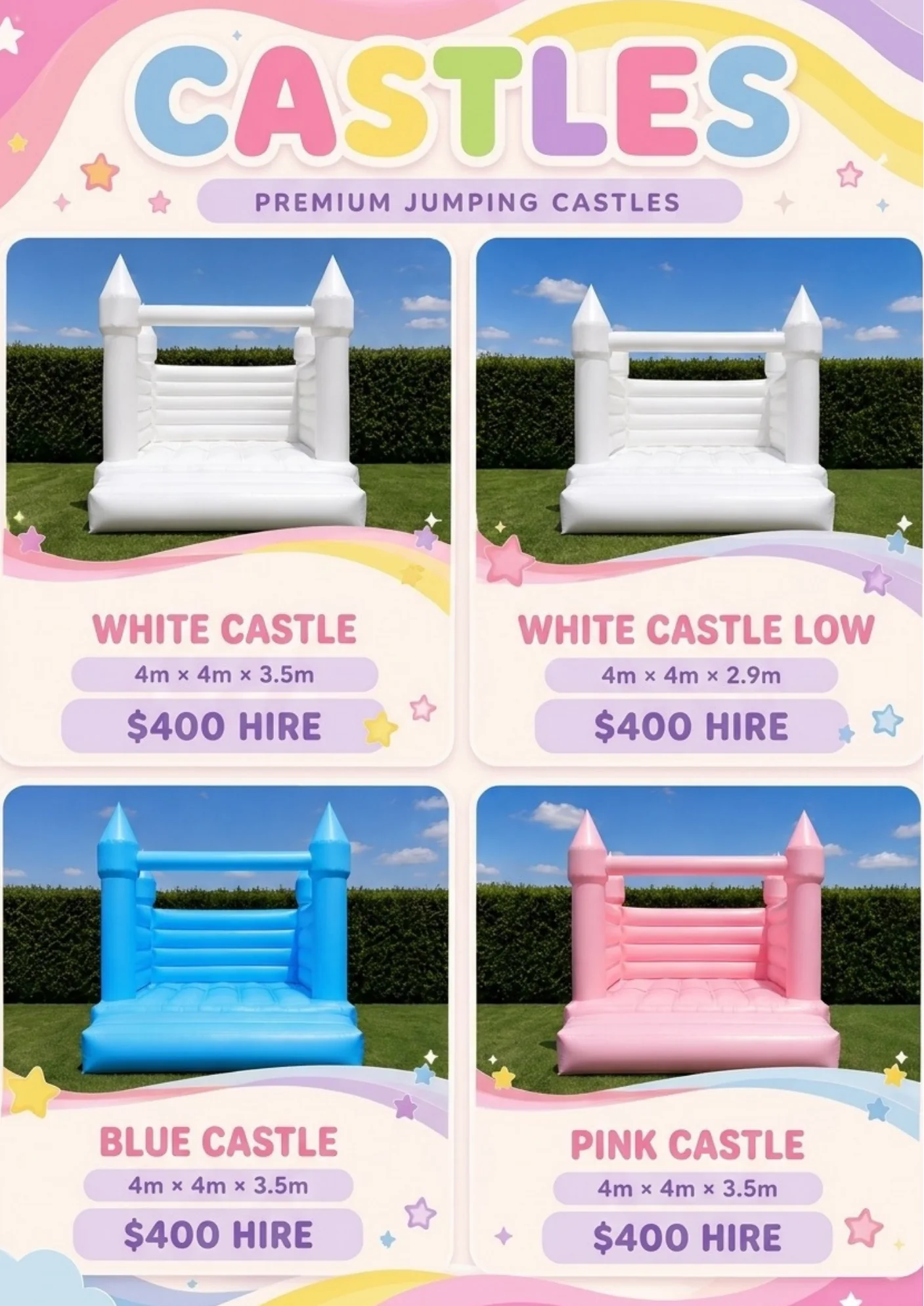 Jumping castle hire prices โ White, White Low, Blue & Pink castles $400 each