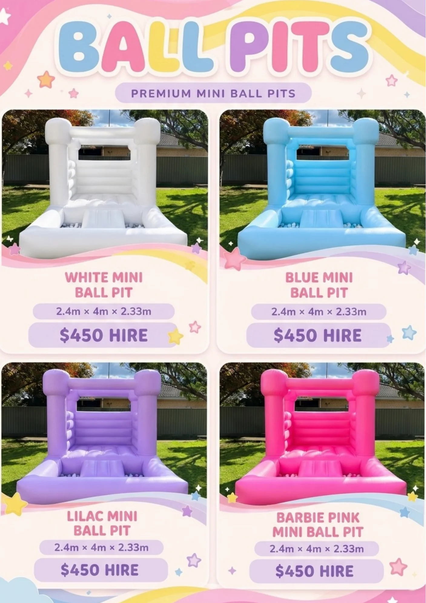 Mini ball pit hire prices โ White, Blue, Lilac & Barbie Pink $450 each