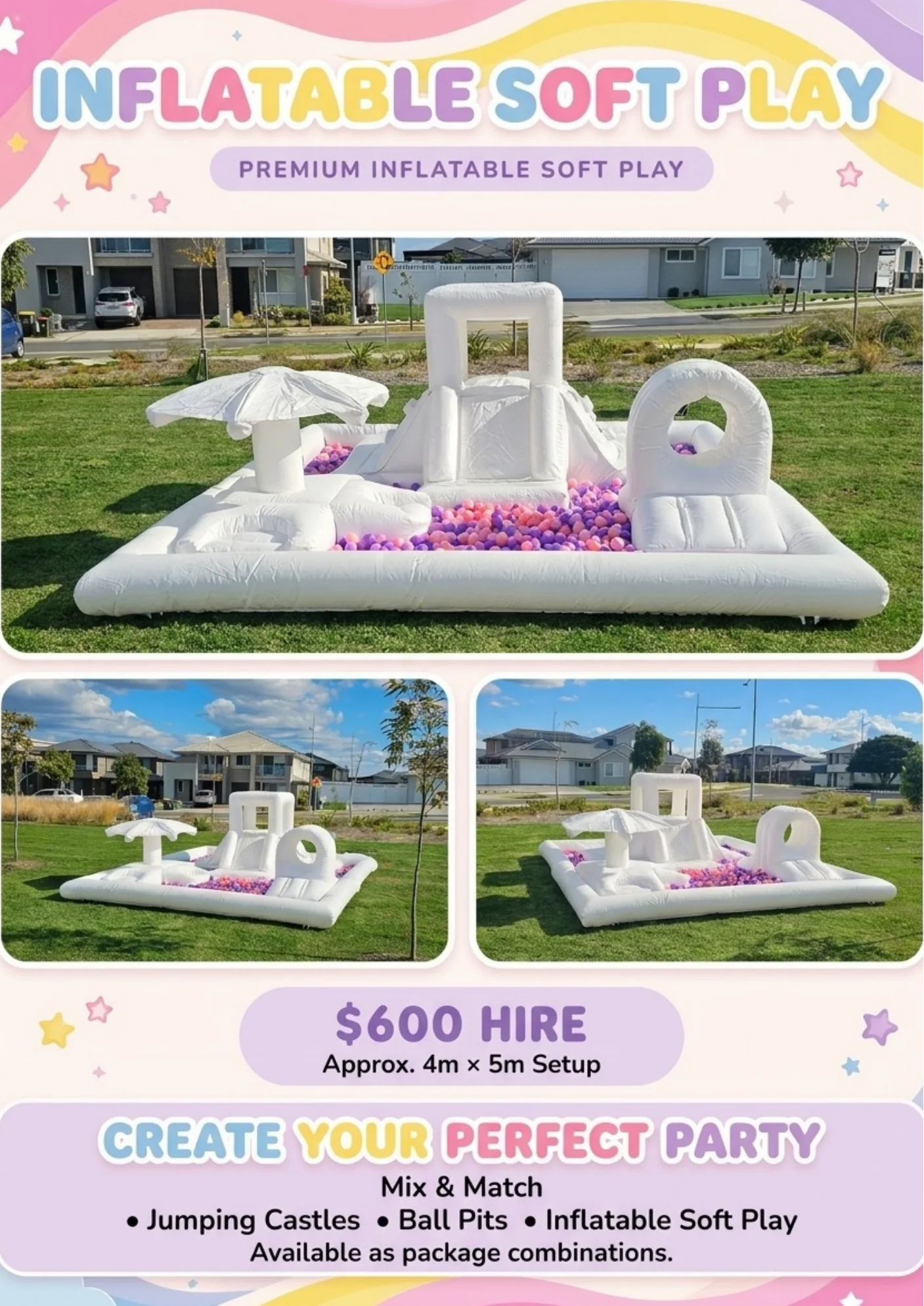 Inflatable soft play hire โ $600, approx 4m x 5m setup