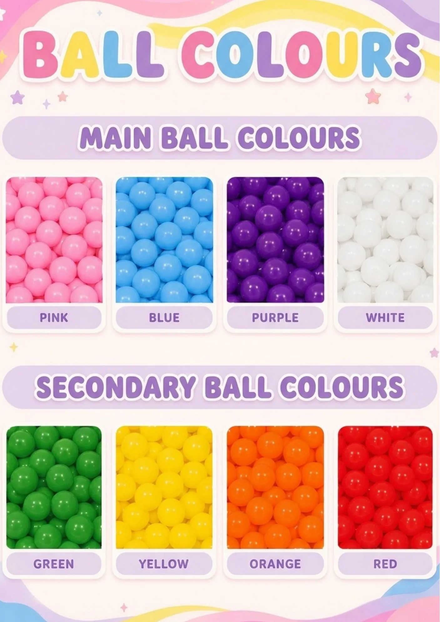 Ball colour options โ pink, blue, purple, white, green, yellow, orange, red
